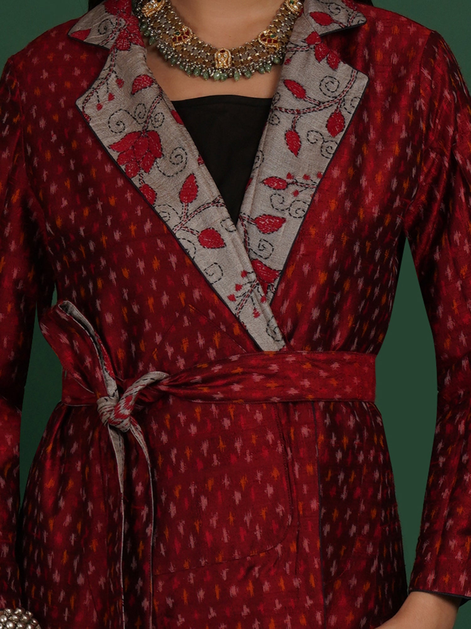 Grey And Red Kantha Raw Silk Ikat Short Jacket