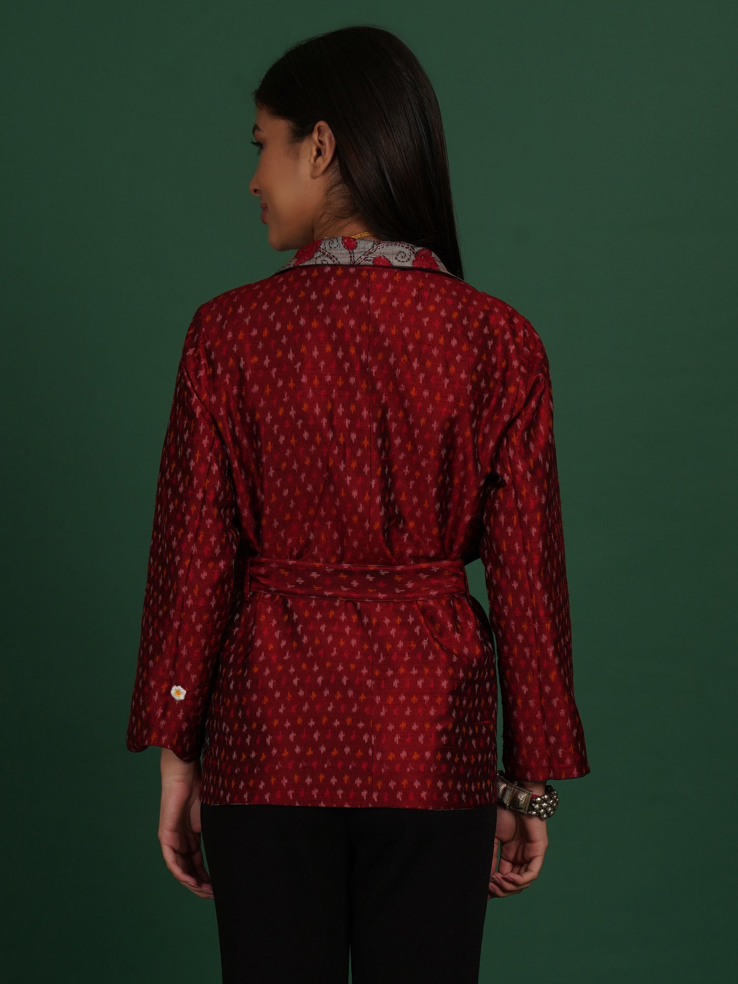 Grey And Red Kantha Raw Silk Ikat Short Jacket