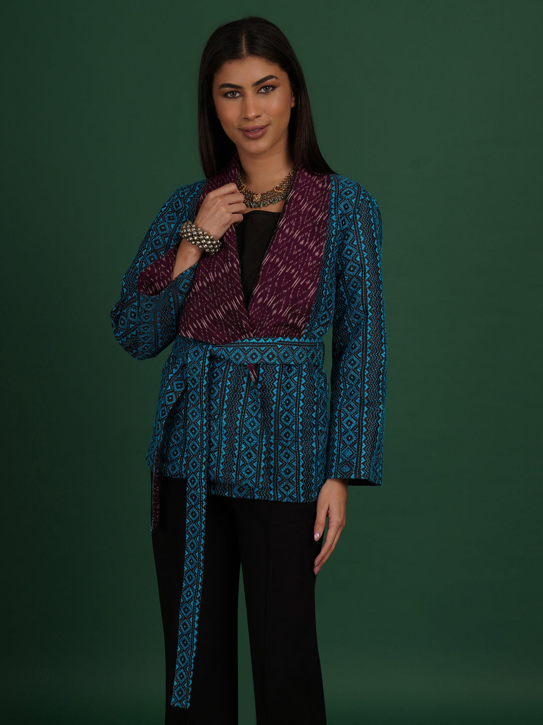 Blue And Purple Kantha Ikat Cotton Short Jacket
