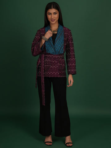 Blue And Purple Kantha Ikat Cotton Short Jacket