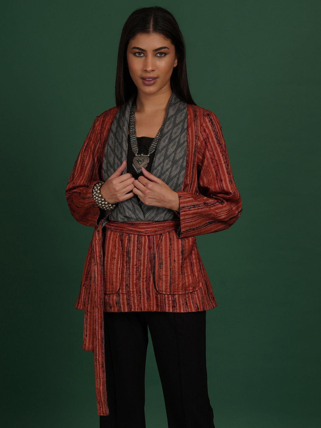 Rust Tussar Grey Ikat Cotton Short Jacket
