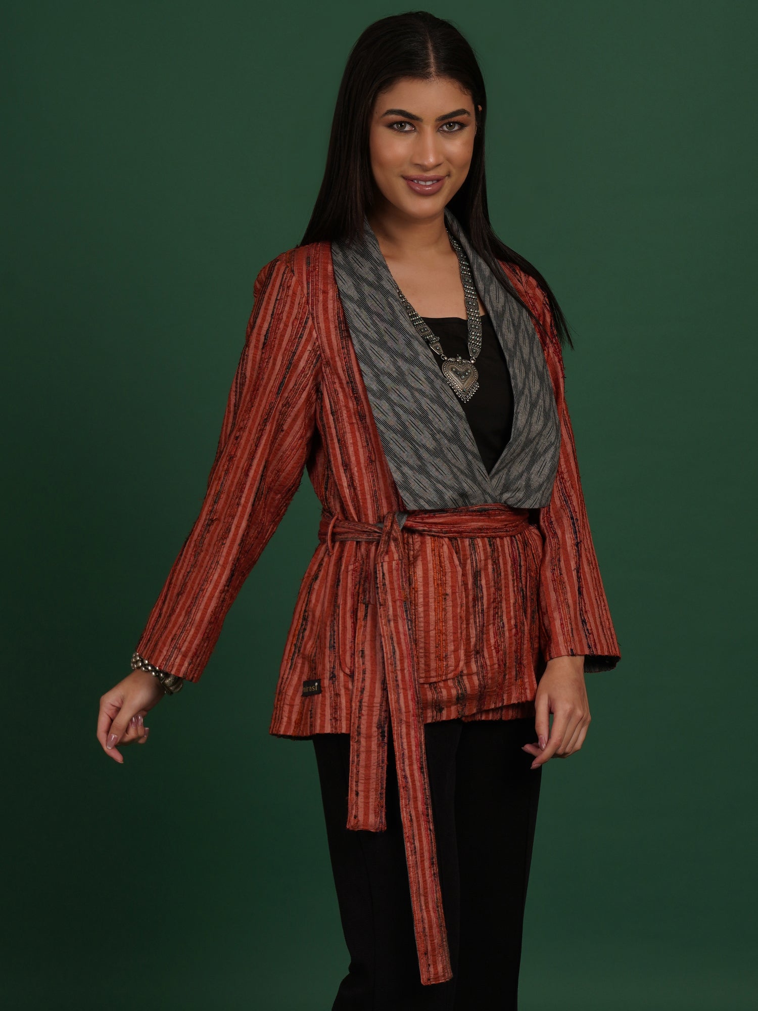 Rust Tussar Grey Ikat Cotton Short Jacket