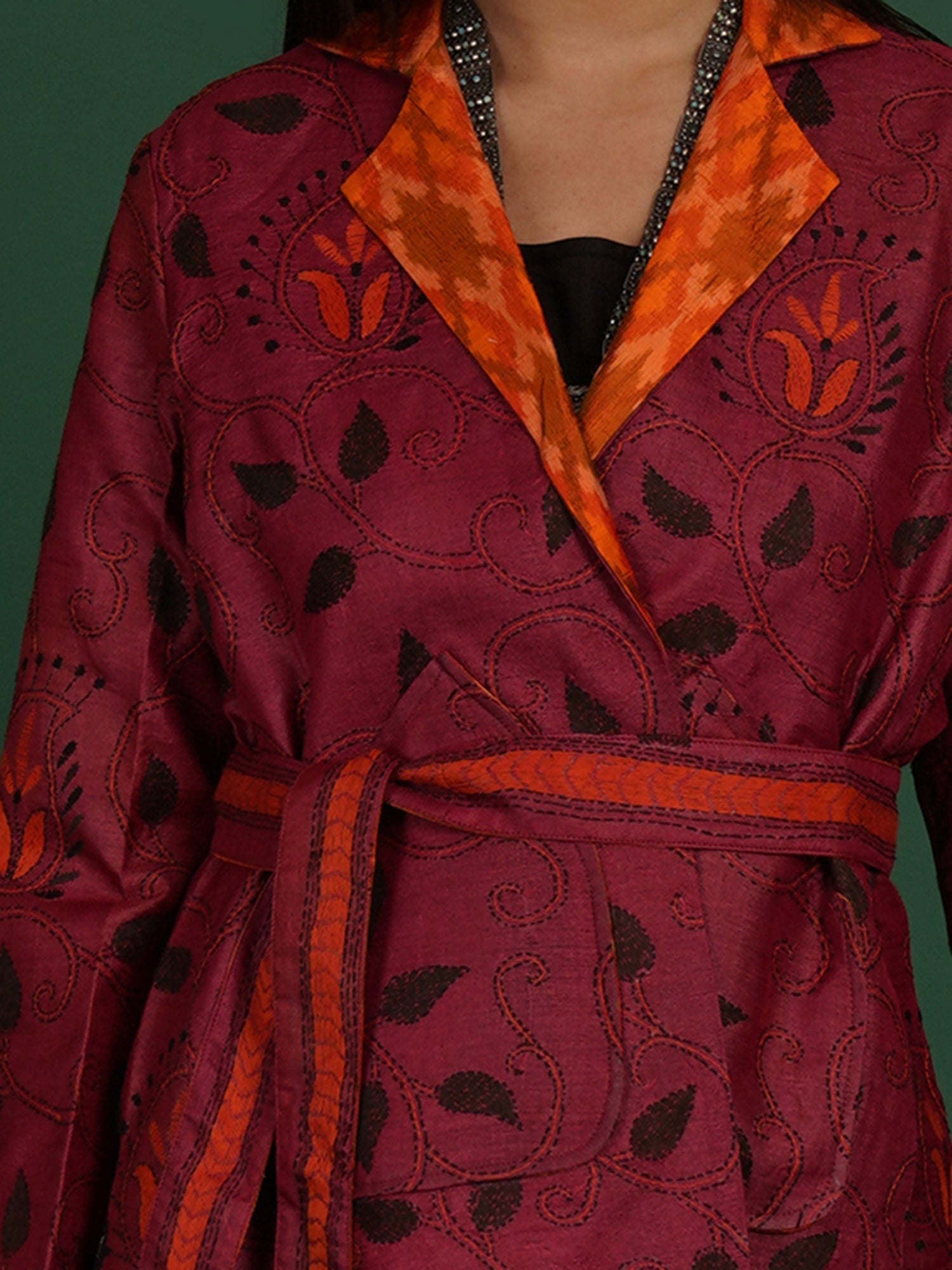Maroon And Orange Kantha Raw Silk Ikat Short Jacket