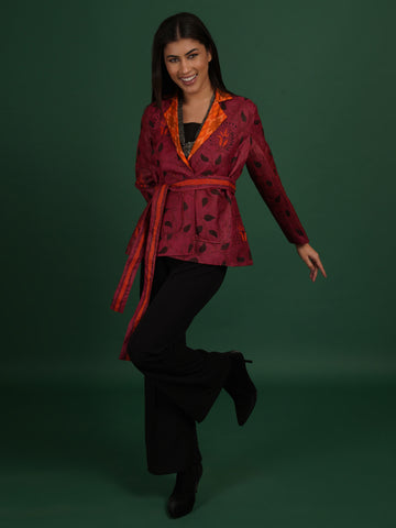 Maroon And Orange Kantha Raw Silk Ikat Short Jacket