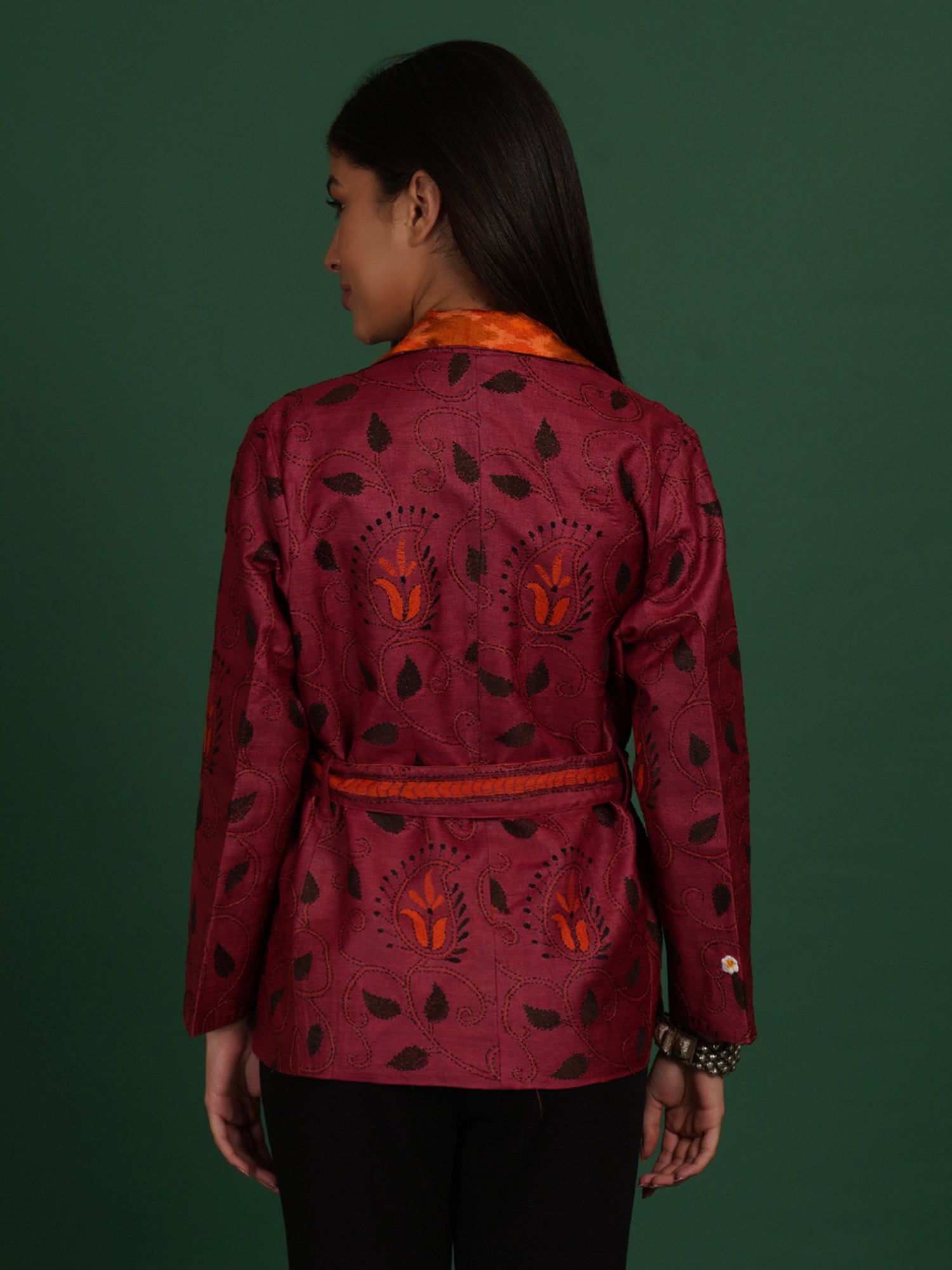Maroon And Orange Kantha Raw Silk Ikat Short Jacket