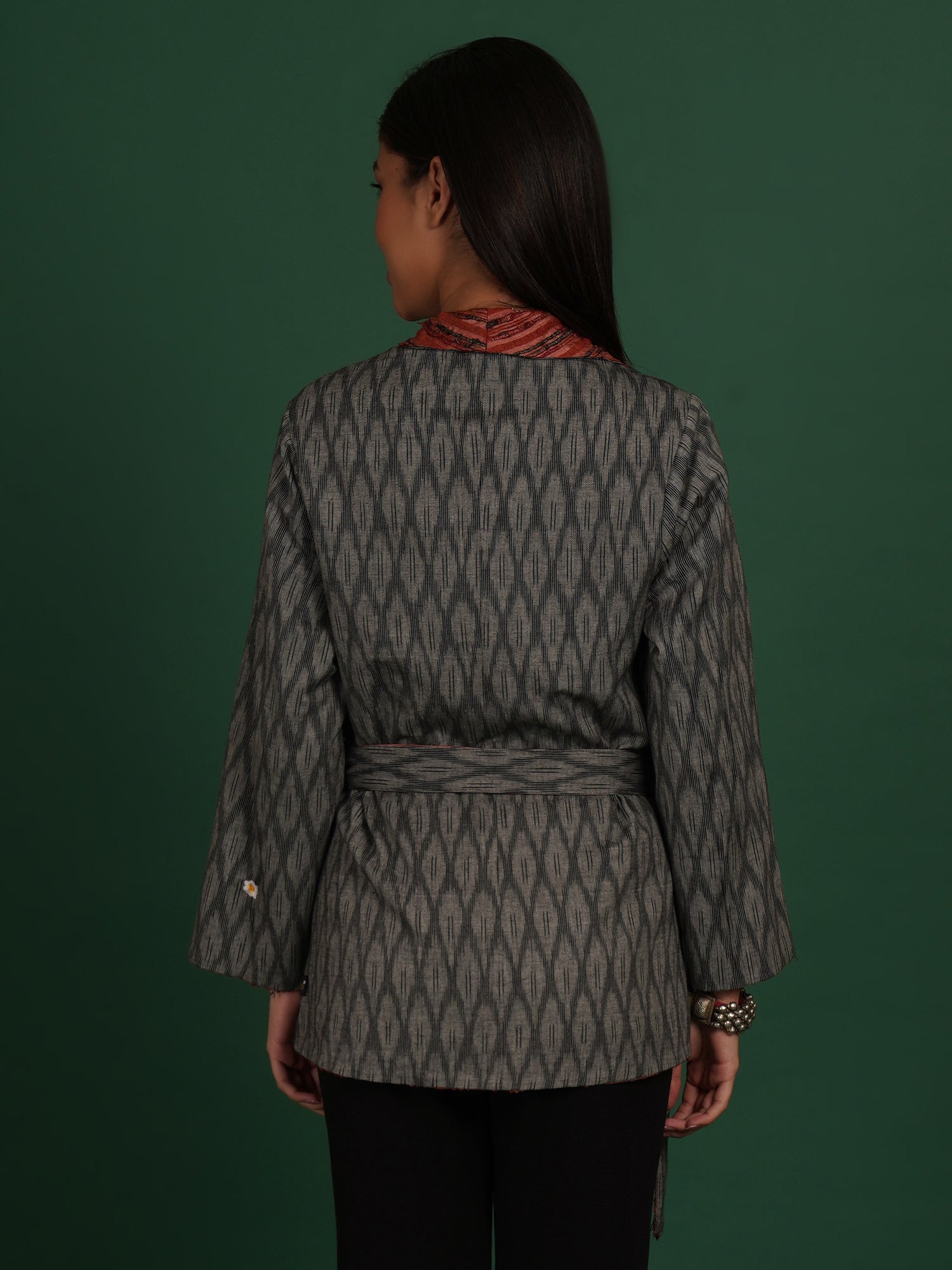Rust Tussar Grey Ikat Cotton Short Jacket