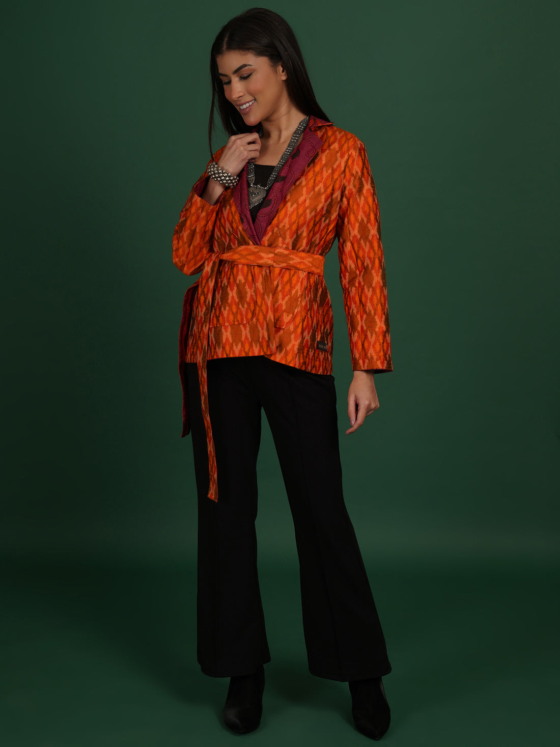 Maroon And Orange Kantha Raw Silk Ikat Short Jacket