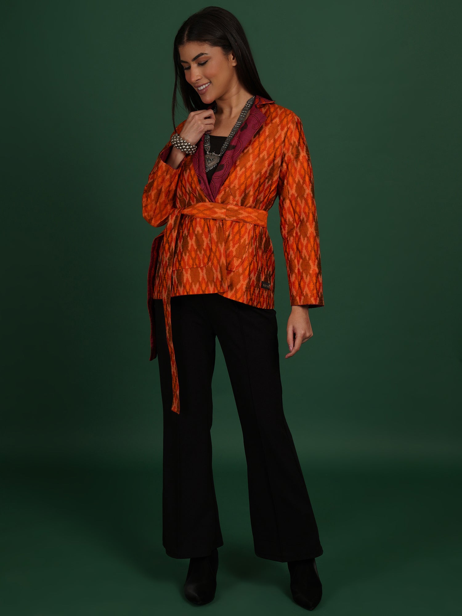 Maroon And Orange Kantha Raw Silk Ikat Short Jacket