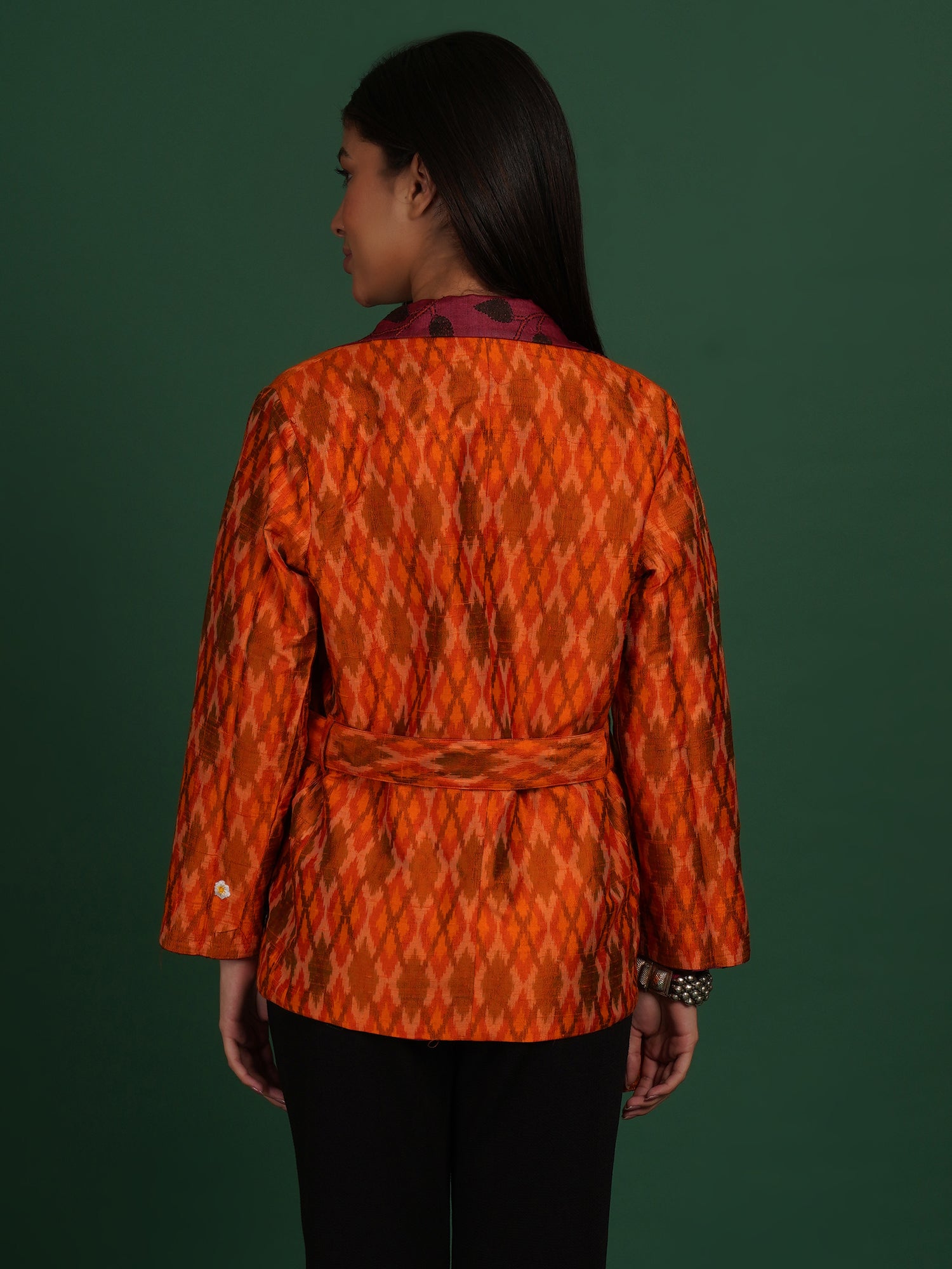 Maroon And Orange Kantha Raw Silk Ikat Short Jacket