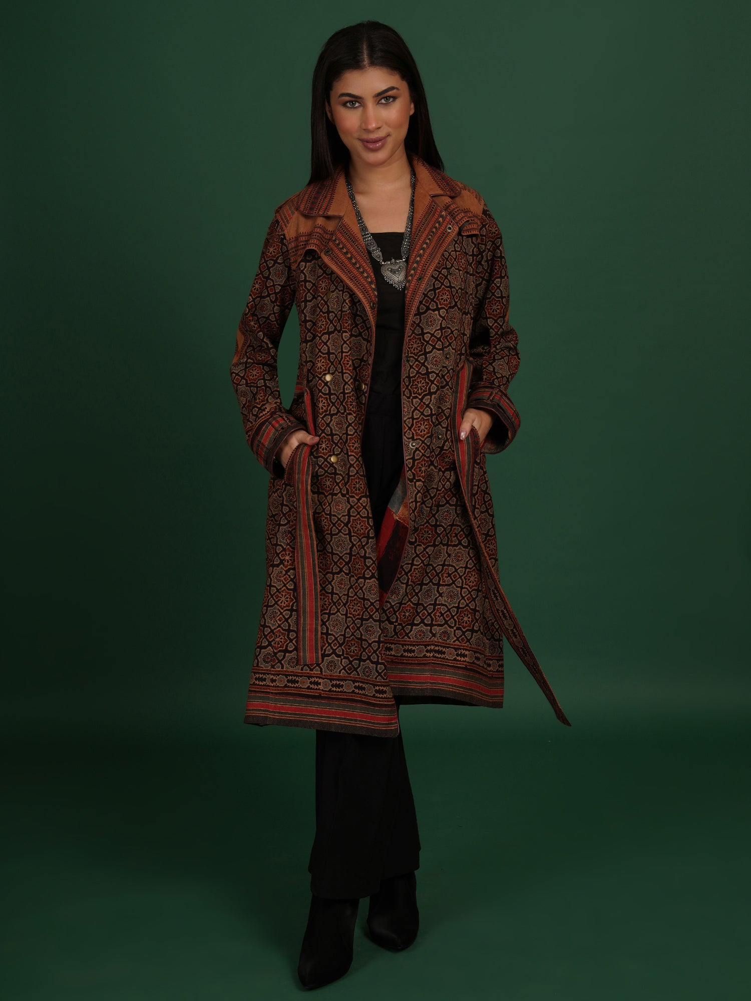 Brown Bhujodi Ajrak Trench Jacket