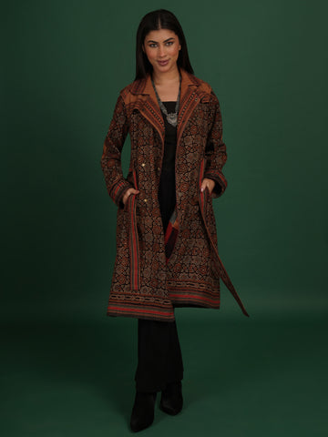 Brown Bhujodi Ajrak Trench Jacket
