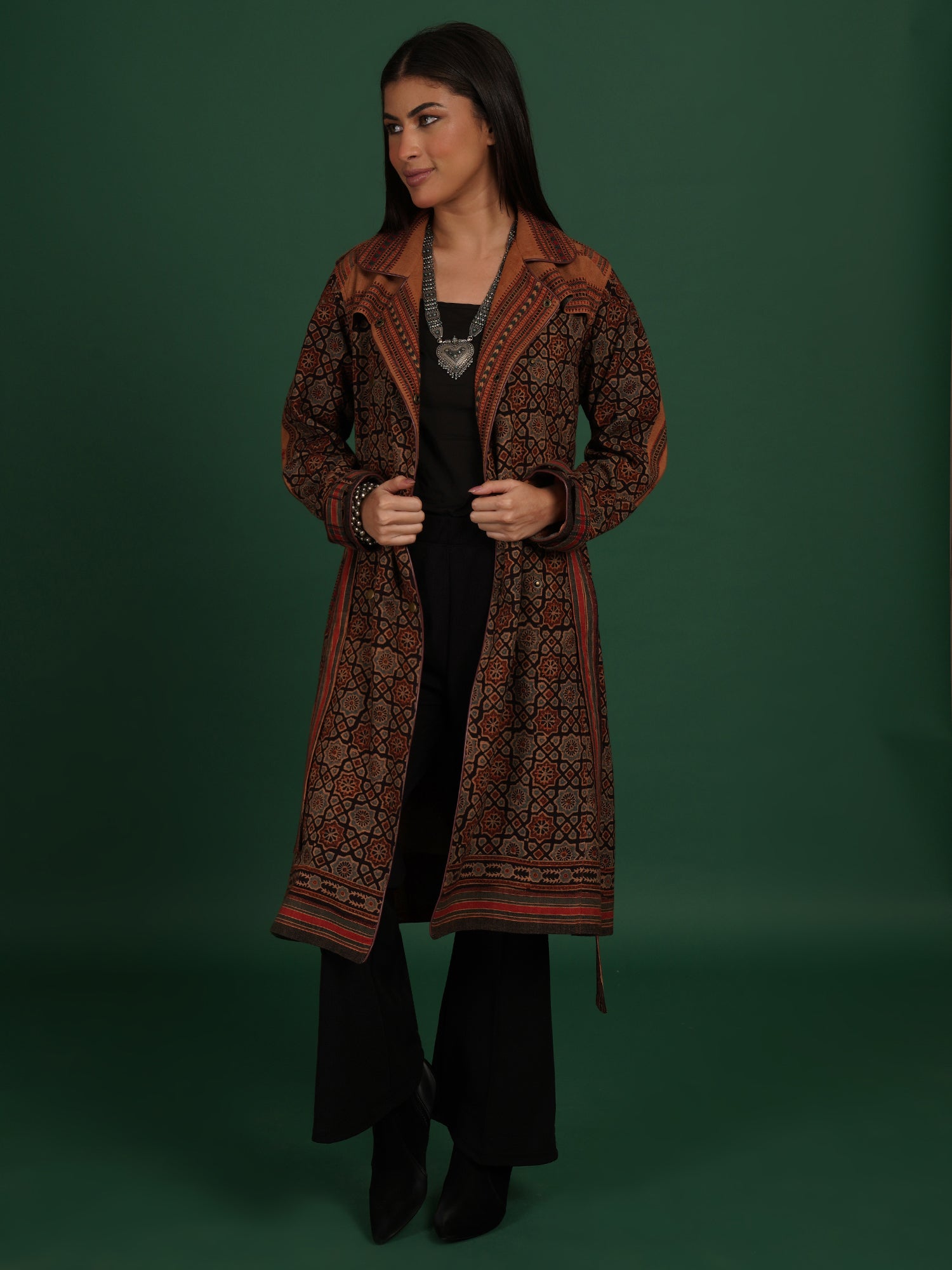 Brown Bhujodi Ajrak Trench Jacket