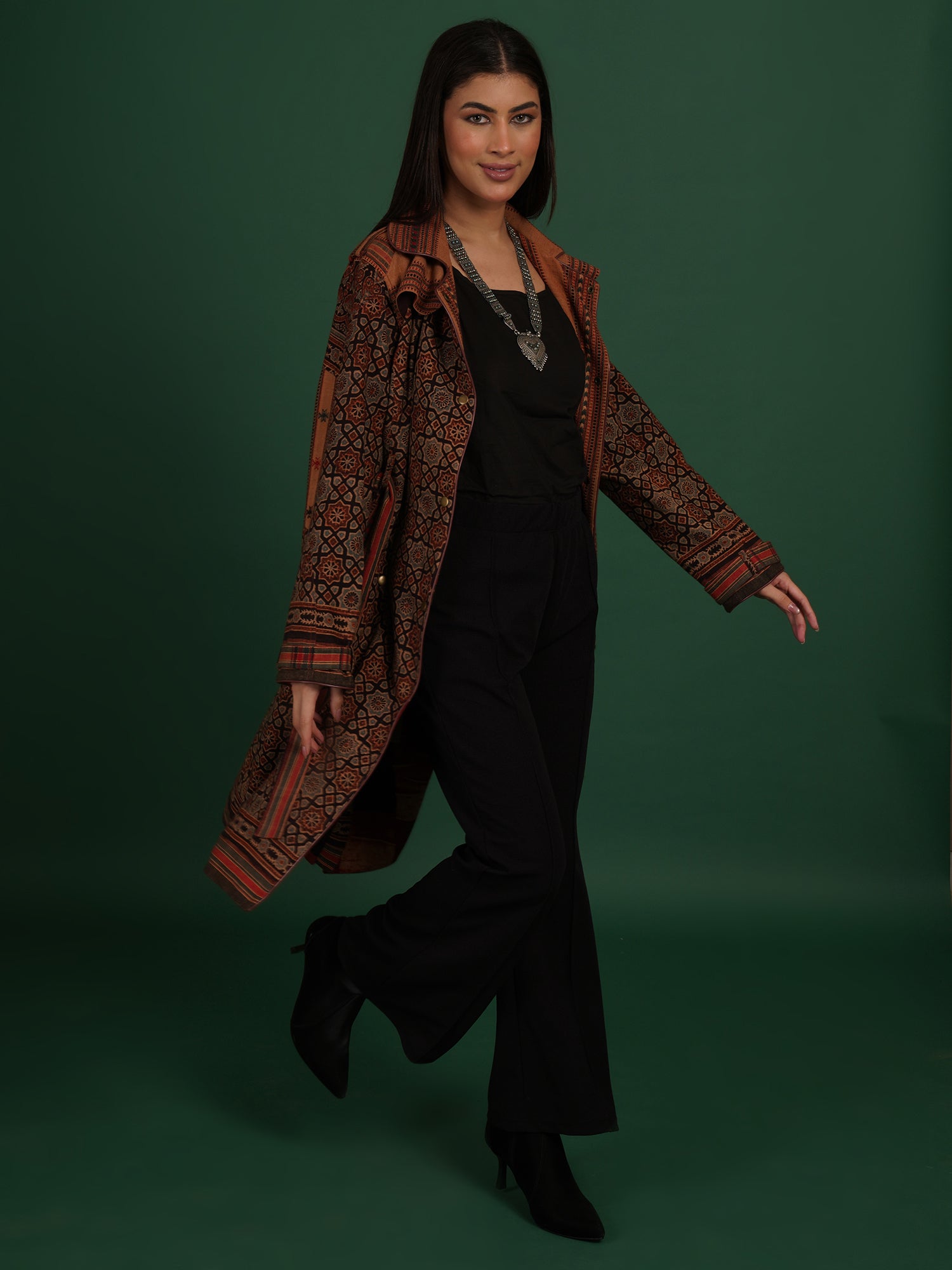 Brown Bhujodi Ajrak Trench Jacket