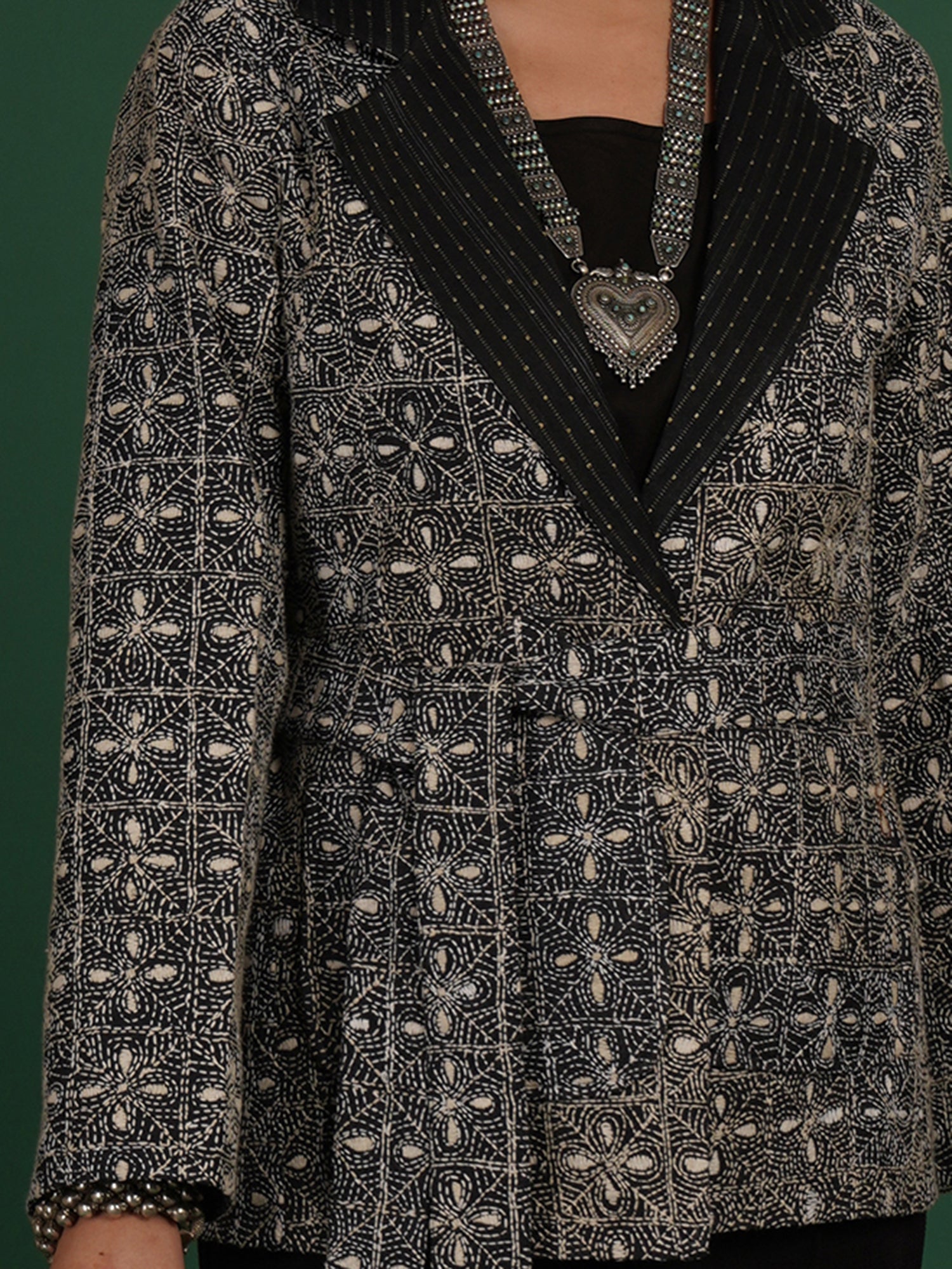 Black Kantha Tussar Short Jacket