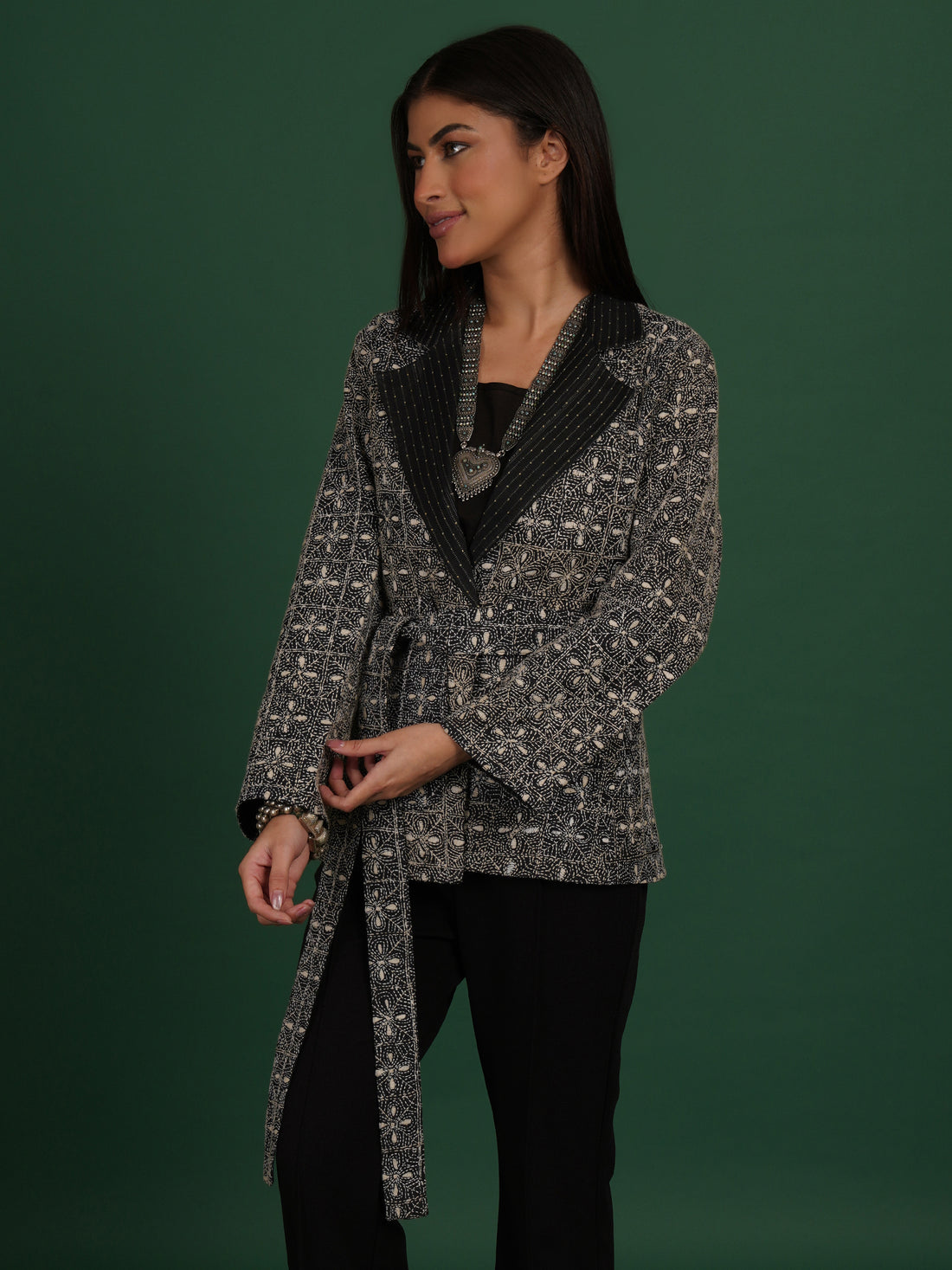 Black Kantha Tussar Short Jacket