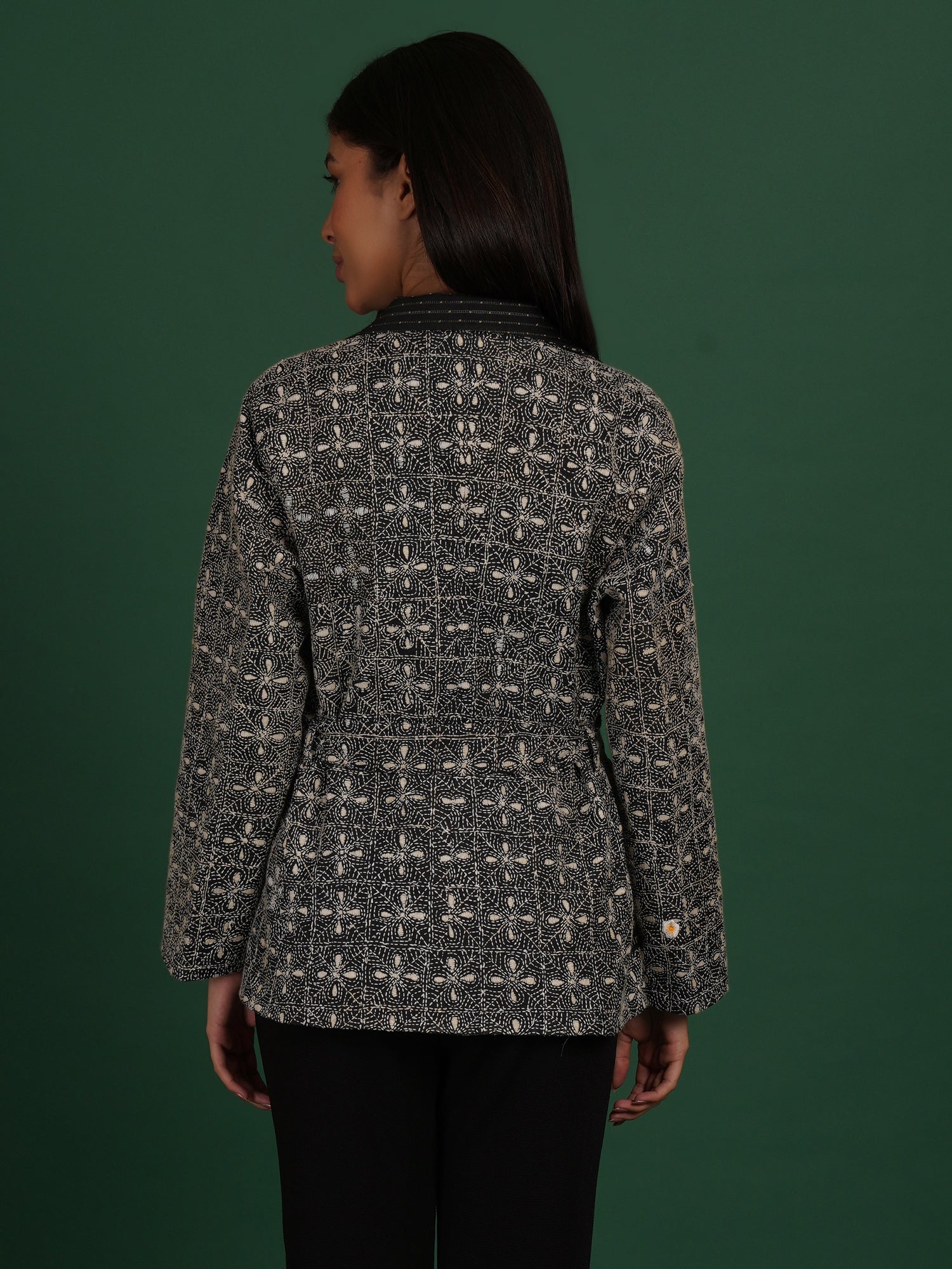 Black Kantha Tussar Short Jacket