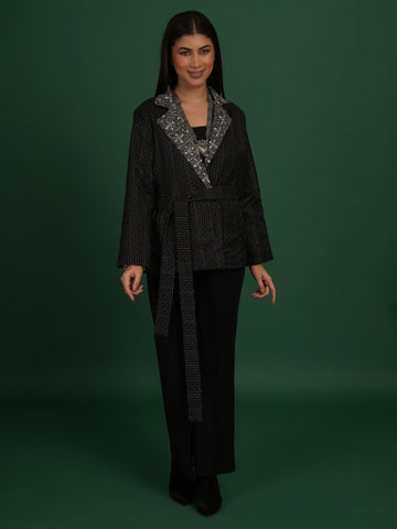 Black Kantha Tussar Short Jacket
