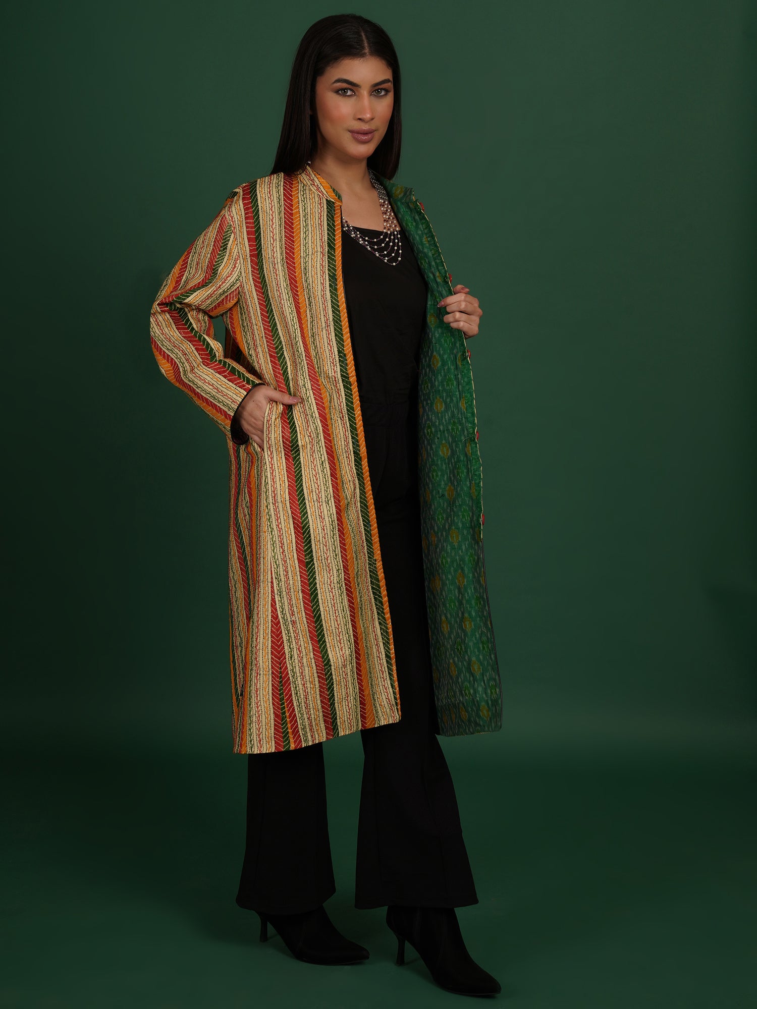 Multicolour Kantha Green Raw Silk Ikat Long Jacket