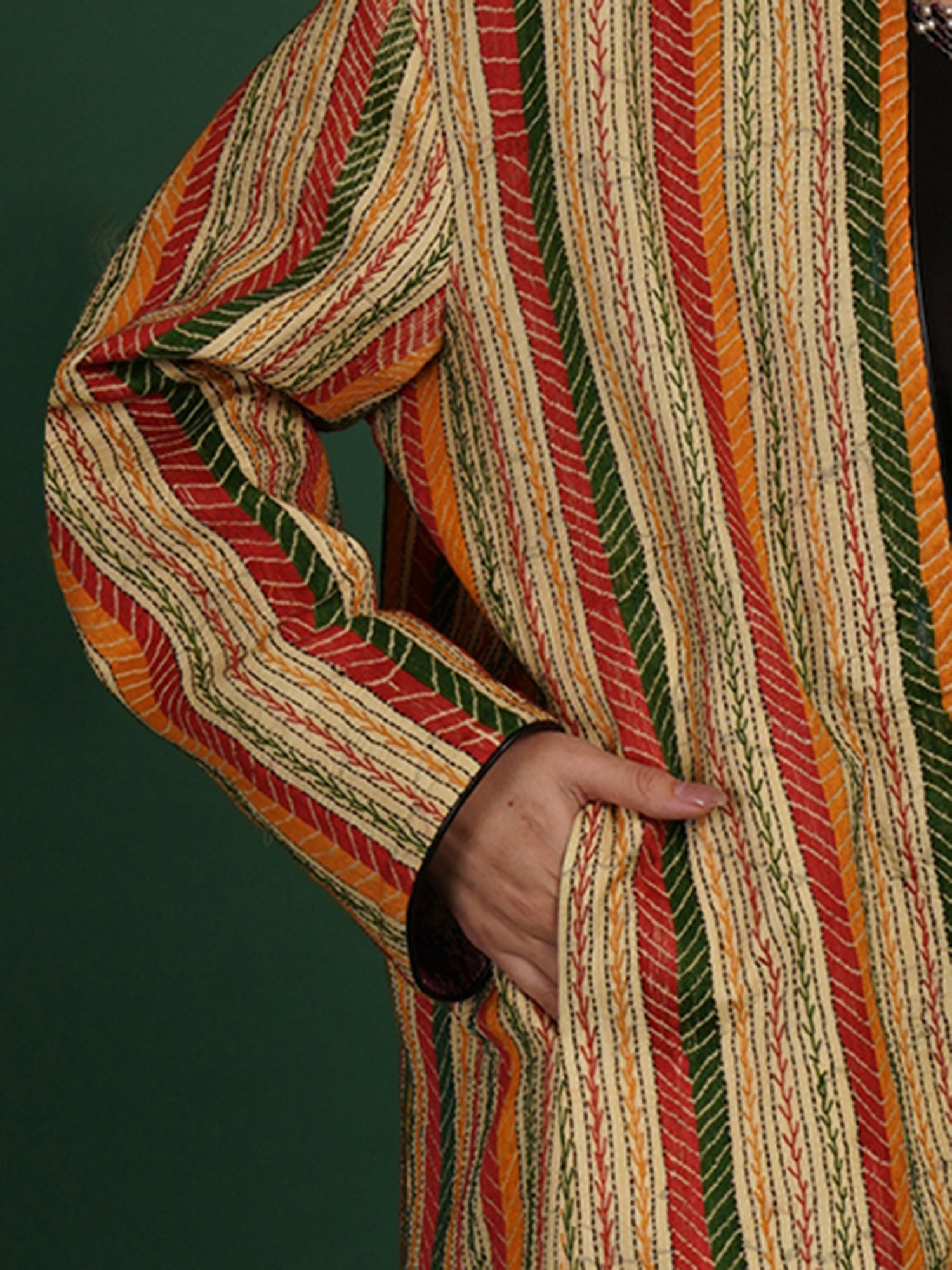 Multicolour Kantha Green Raw Silk Ikat Long Jacket