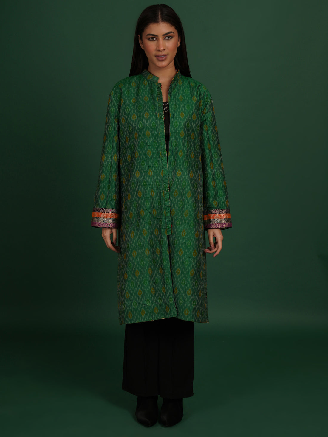 Multicolour Kantha Green Raw Silk Ikat Long Jacket
