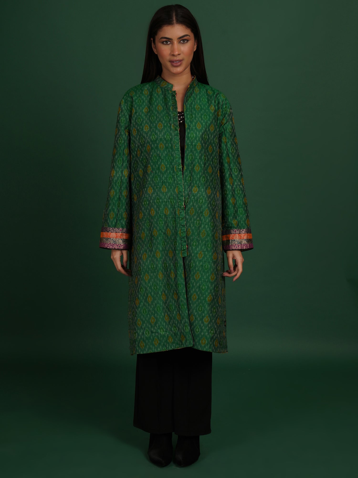 Multicolour Kantha Green Raw Silk Ikat Long Jacket
