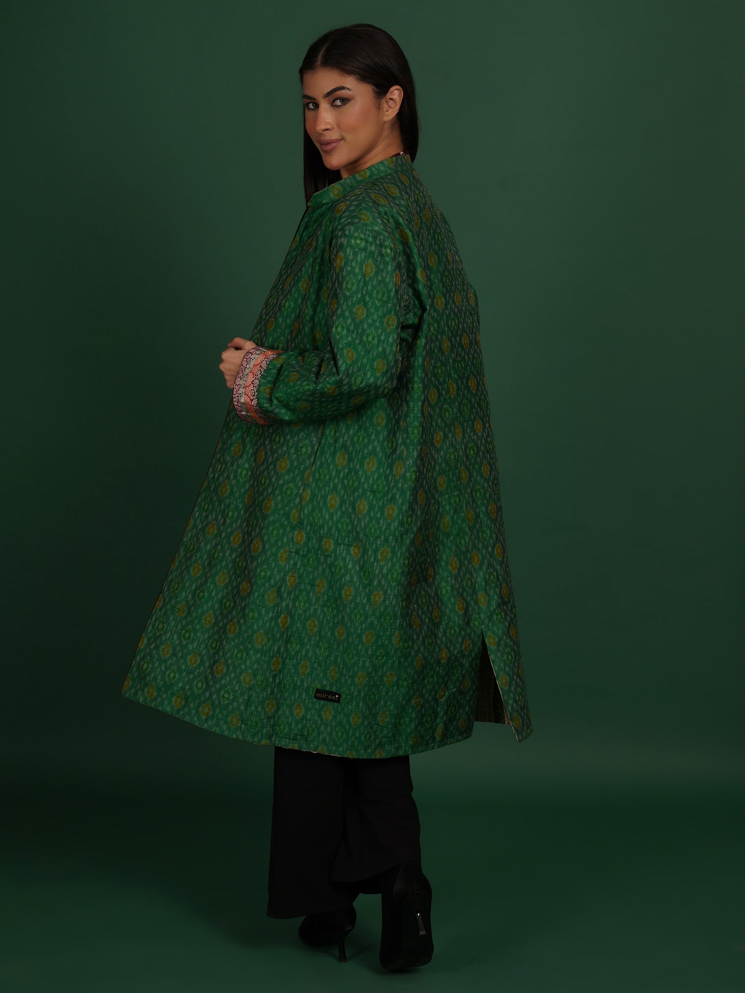 Multicolour Kantha Green Raw Silk Ikat Long Jacket