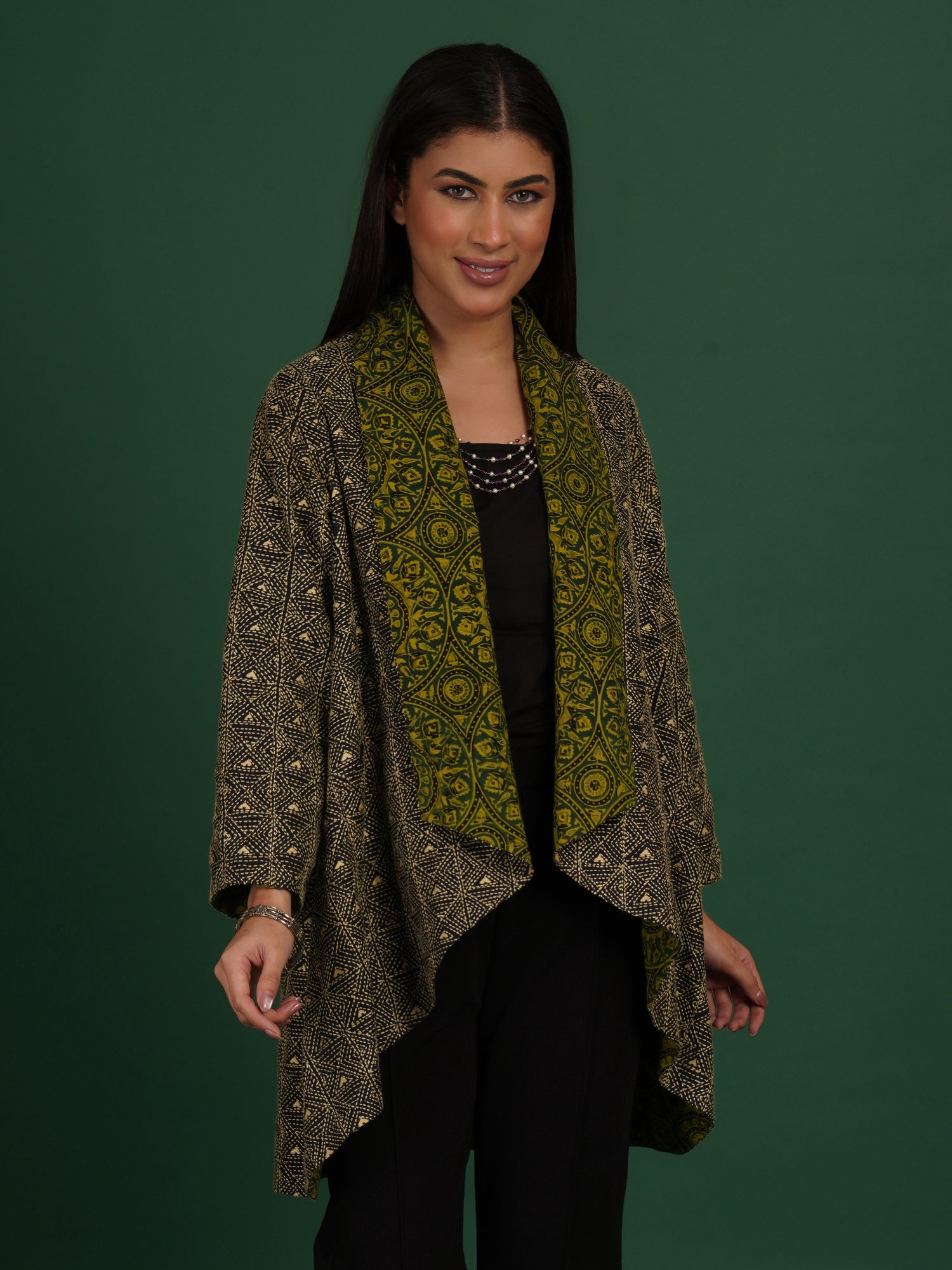 Green Kantha Ajrak Short Overlay