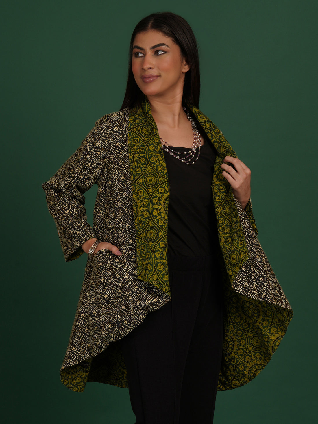 Green Kantha Ajrak Short Overlay