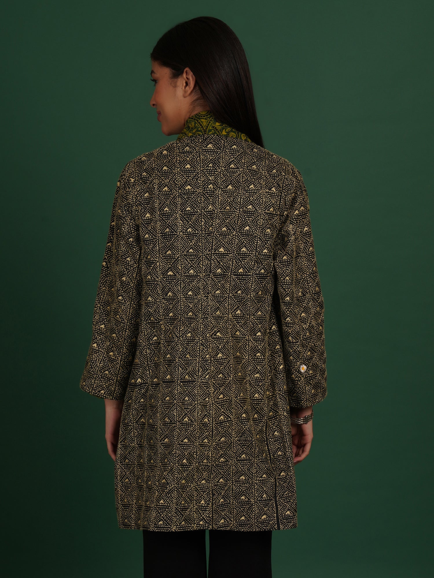 Green Kantha Ajrak Short Overlay