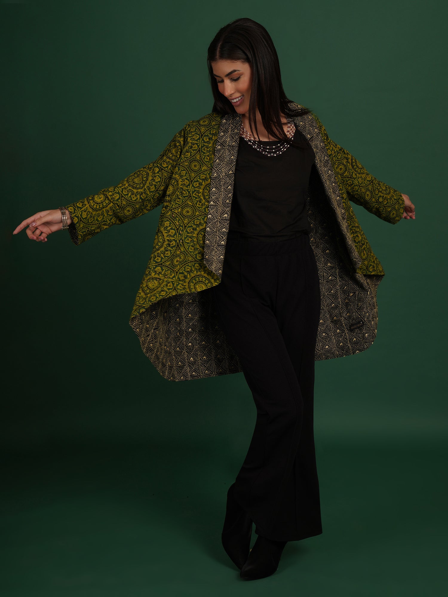 Green Kantha Ajrak Short Overlay