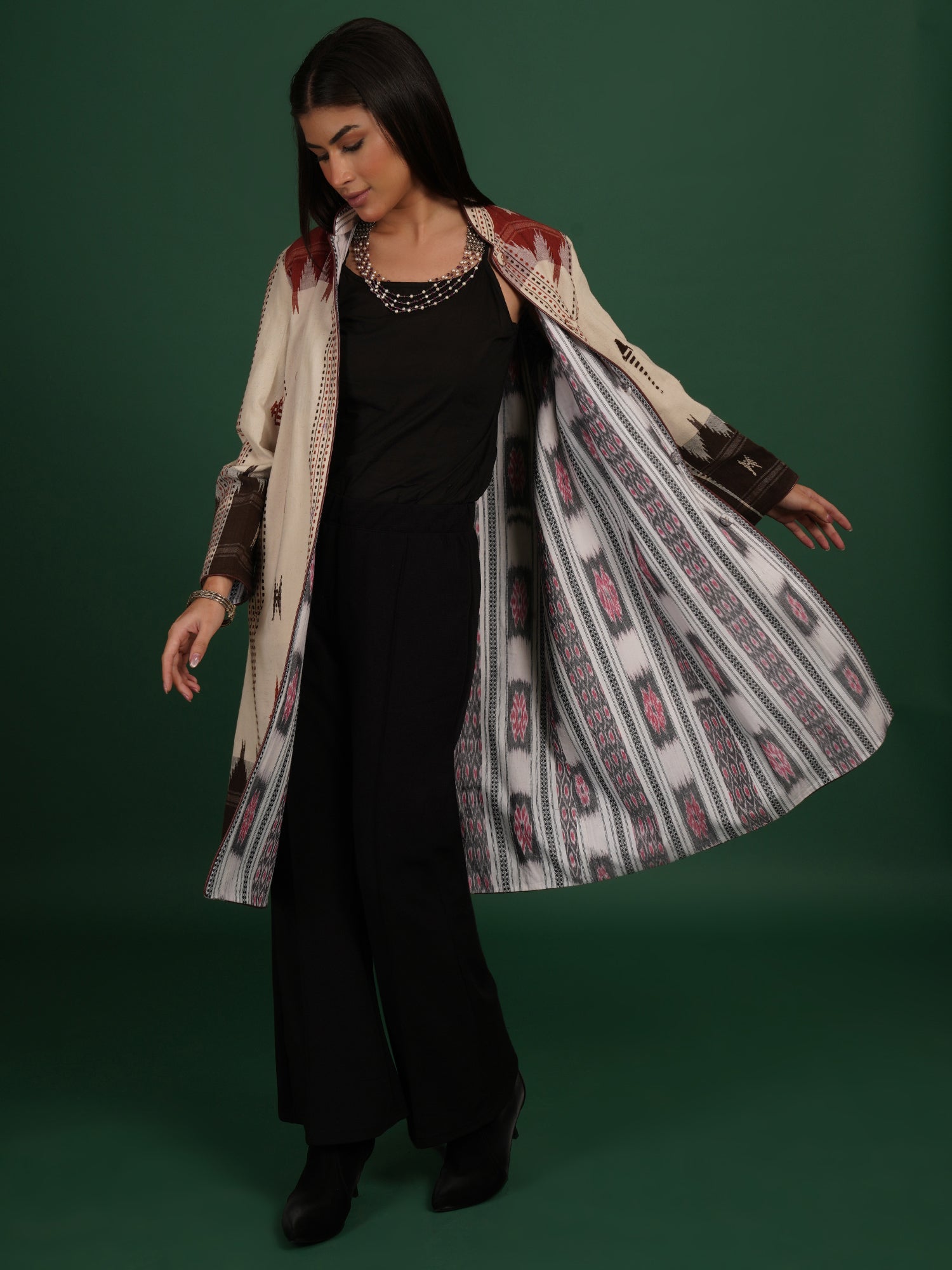 White And Brown Kotpad Ikat Cotton Long Jacket