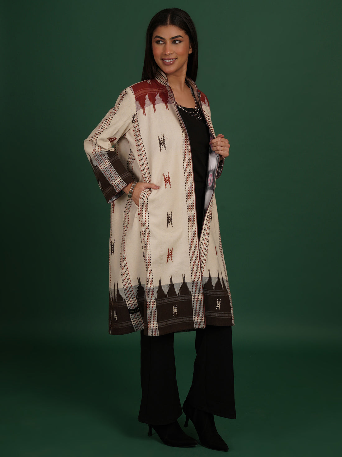 White And Brown Kotpad Ikat Cotton Long Jacket