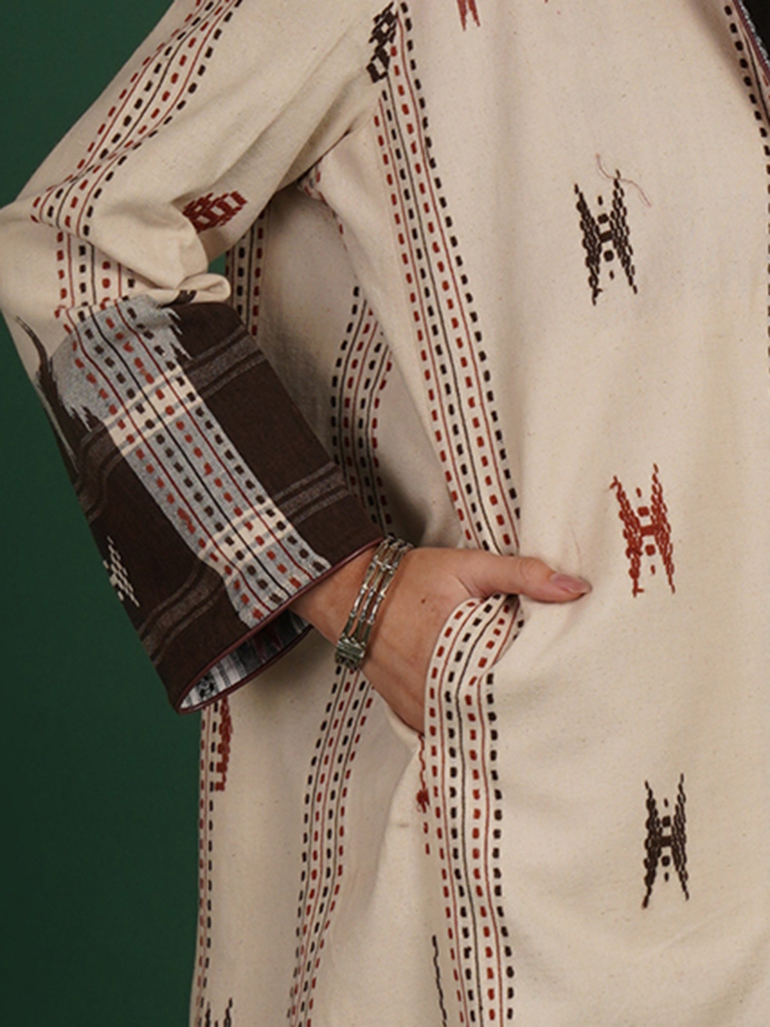 White And Brown Kotpad Ikat Cotton Long Jacket
