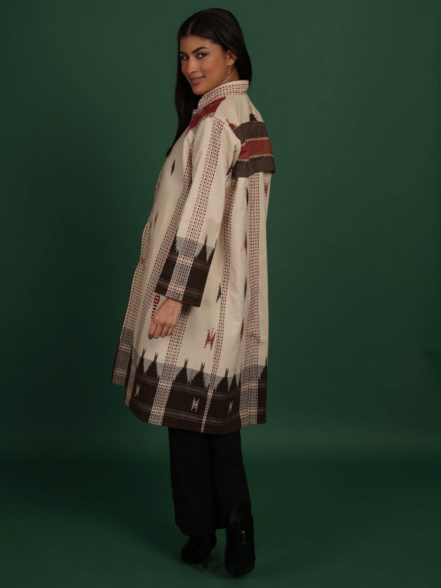 White And Brown Kotpad Ikat Cotton Long Jacket