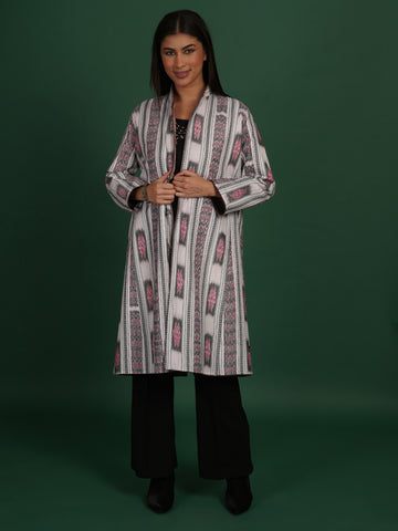 White And Brown Kotpad Ikat Cotton Long Jacket