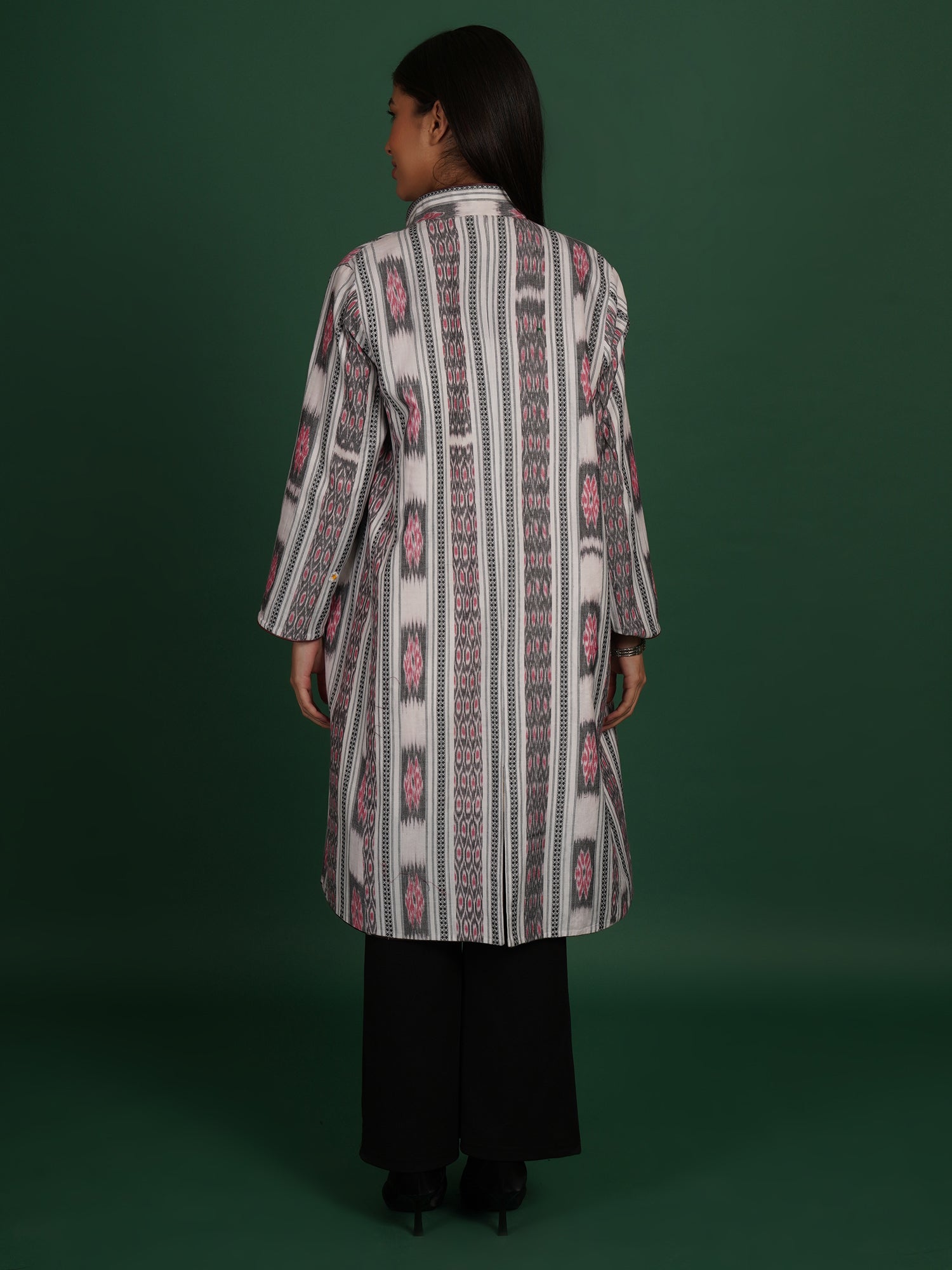 White And Brown Kotpad Ikat Cotton Long Jacket