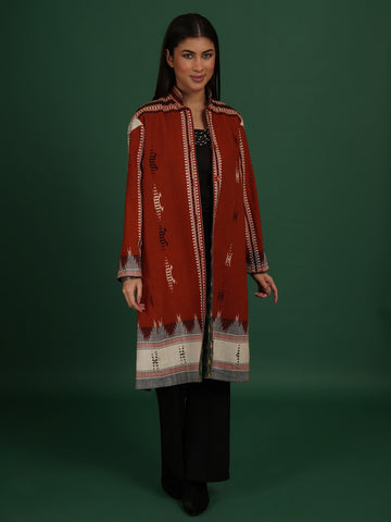 Radish Orange And Green Kotpad Ikat Cotton Long Jacket