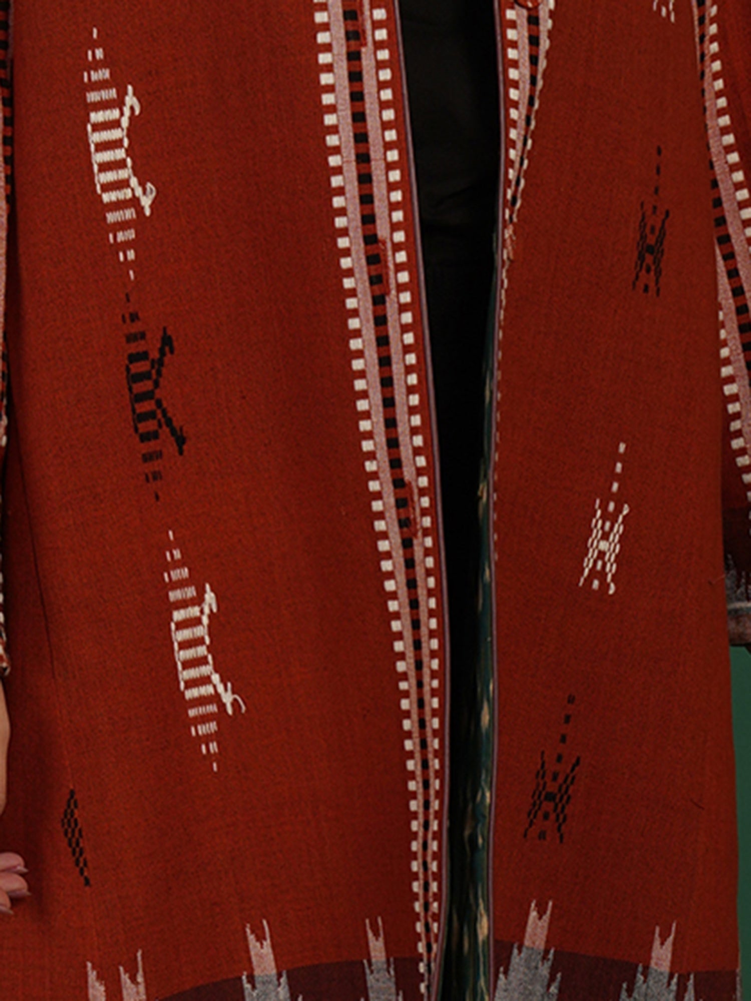 Radish Orange And Green Kotpad Ikat Cotton Long Jacket