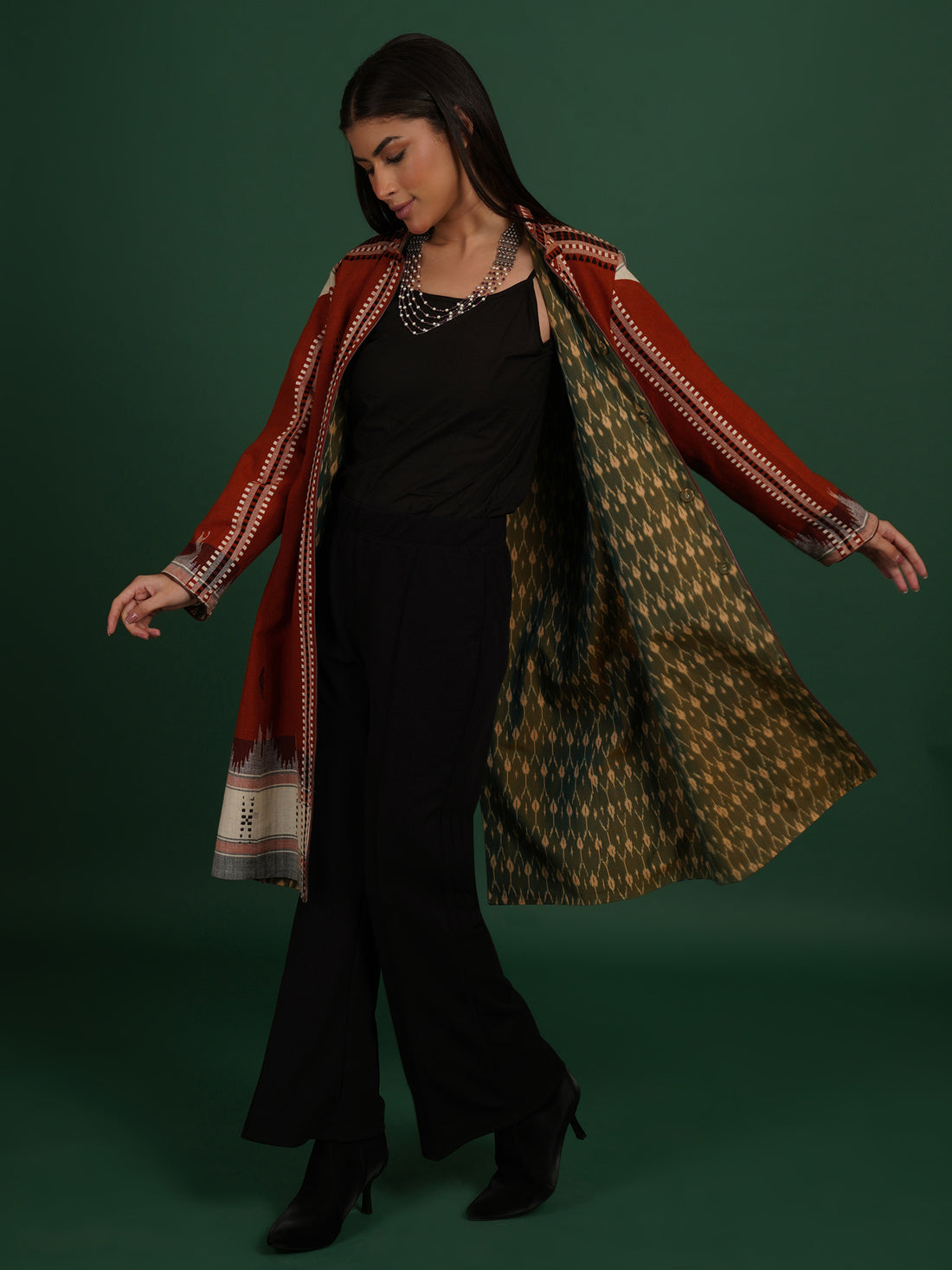 Radish Orange And Green Kotpad Ikat Cotton Long Jacket