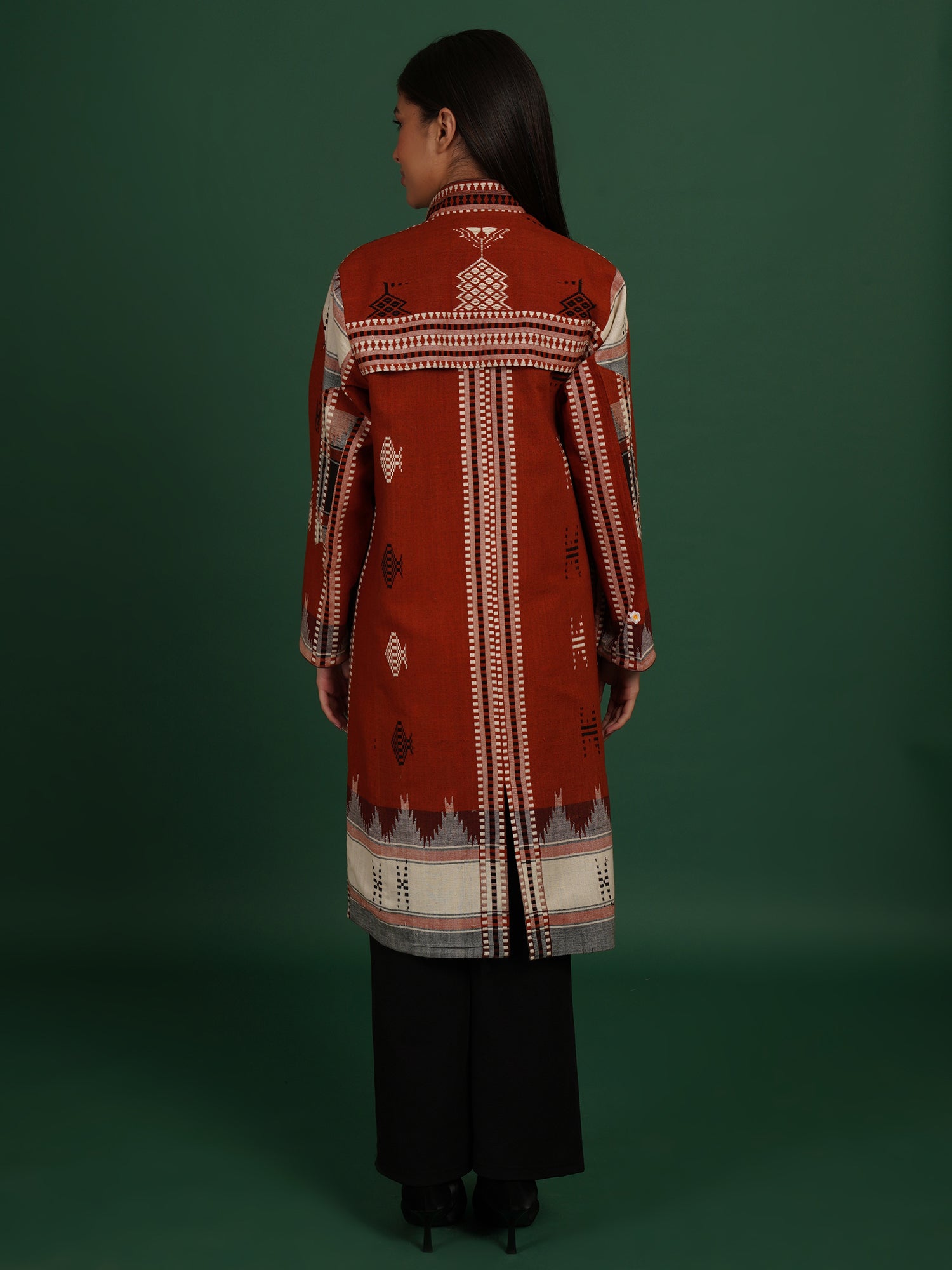 Radish Orange And Green Kotpad Ikat Cotton Long Jacket