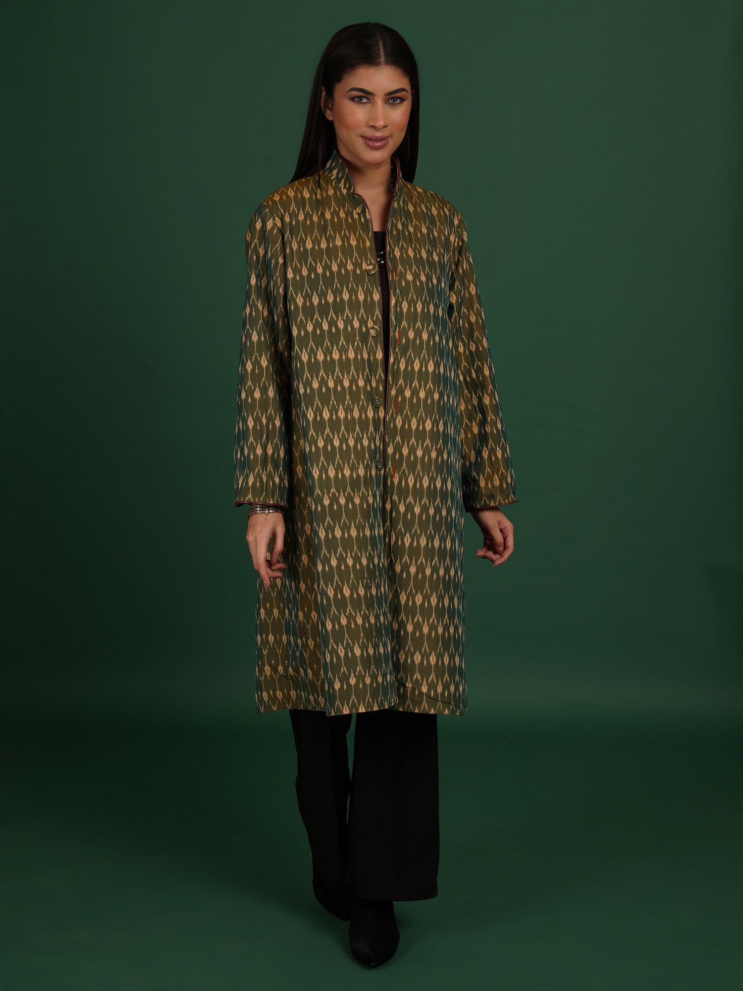 Radish Orange And Green Kotpad Ikat Cotton Long Jacket