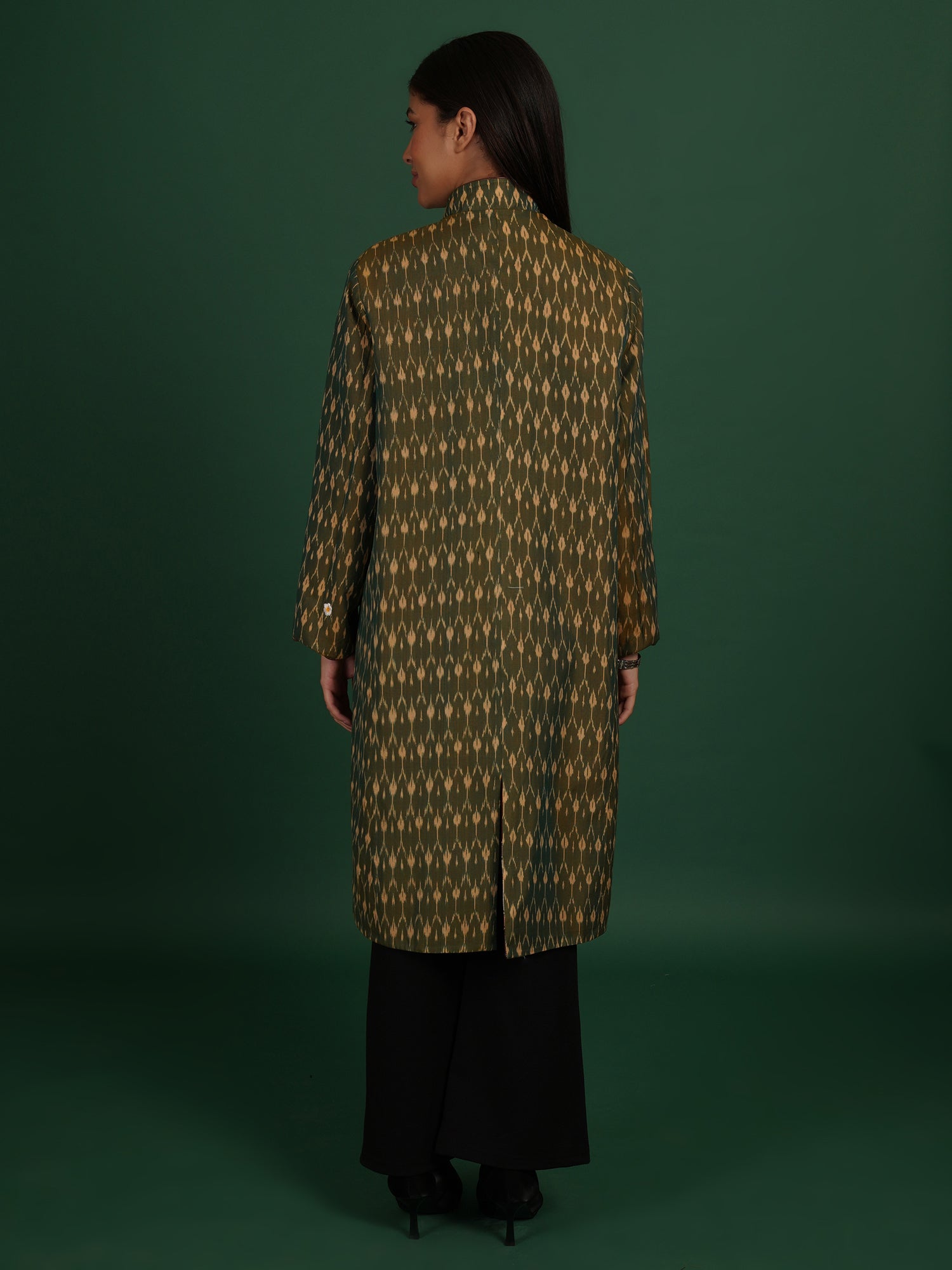 Radish Orange And Green Kotpad Ikat Cotton Long Jacket