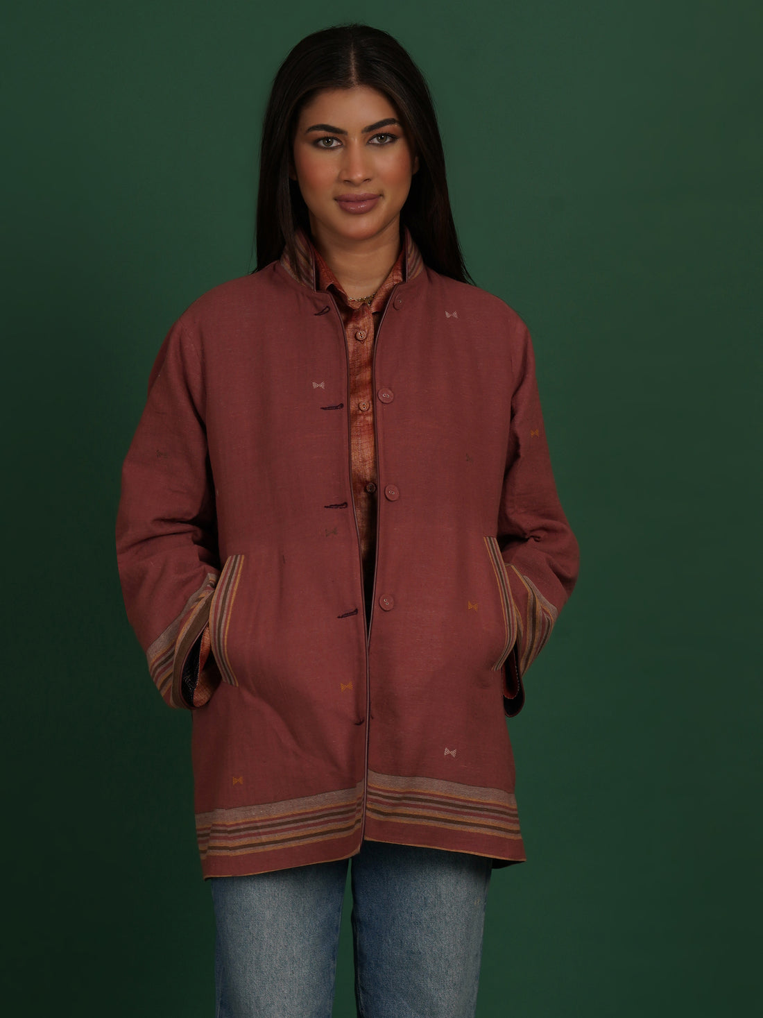 Radish Brown Bhujodi Woollen Short Jacket
