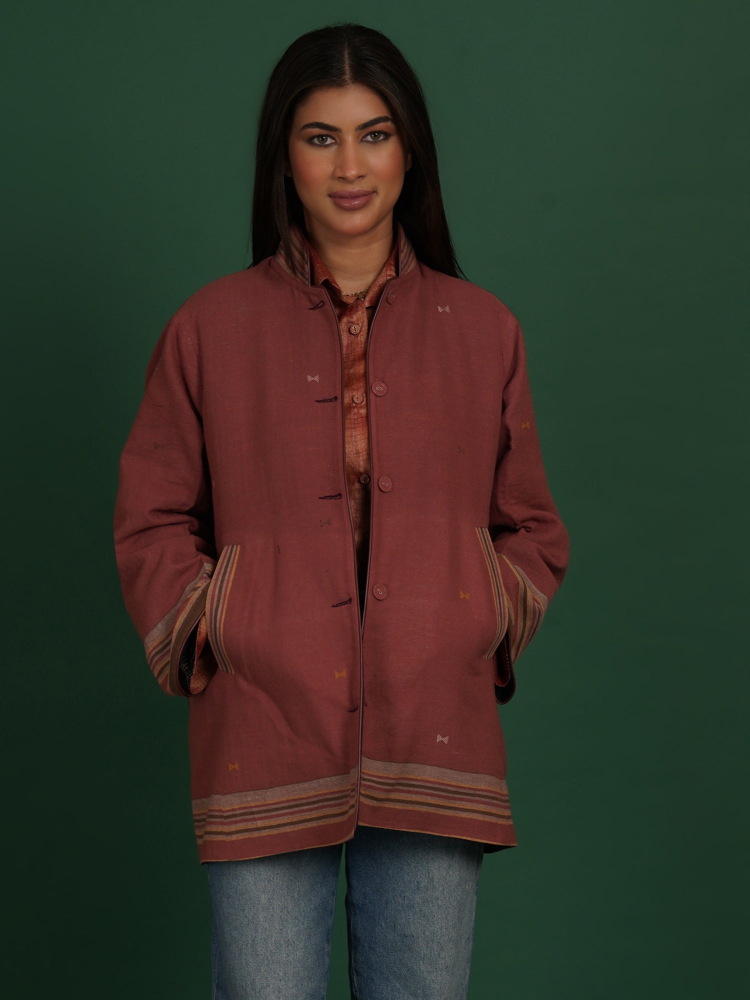 Radish Brown Bhujodi Woollen Short Jacket