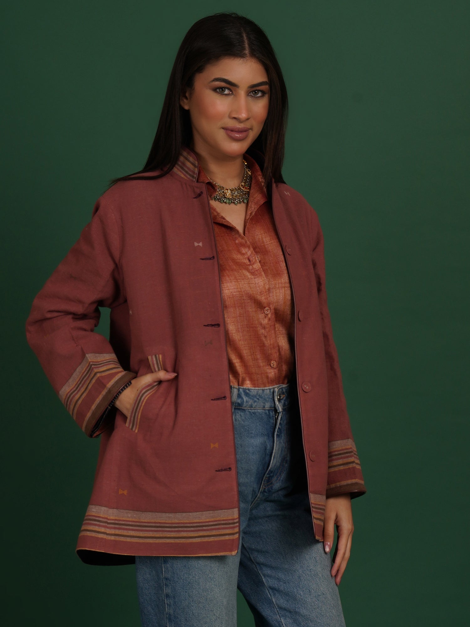 Radish Brown Bhujodi Woollen Short Jacket