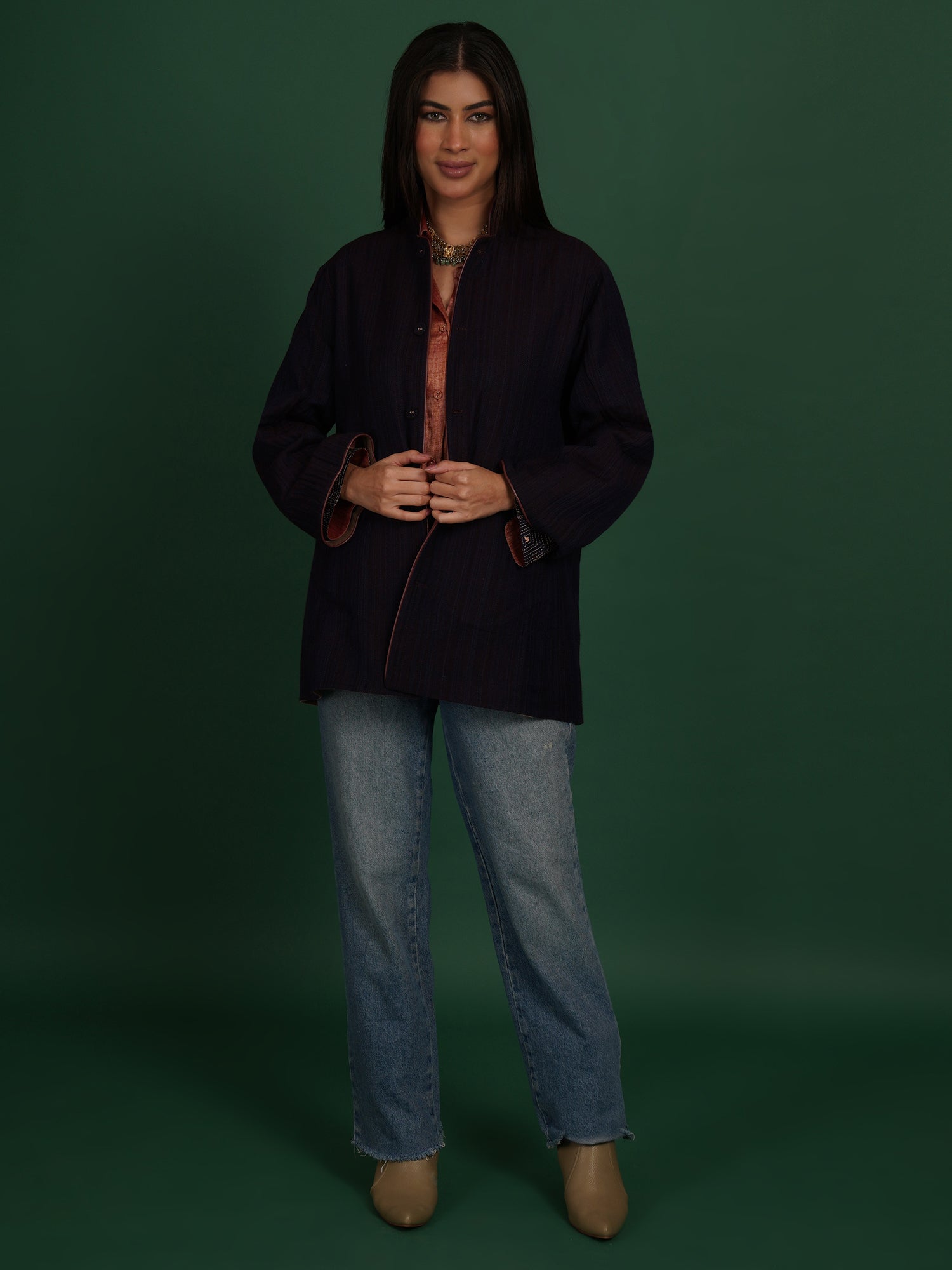 Radish Brown Bhujodi Woollen Short Jacket