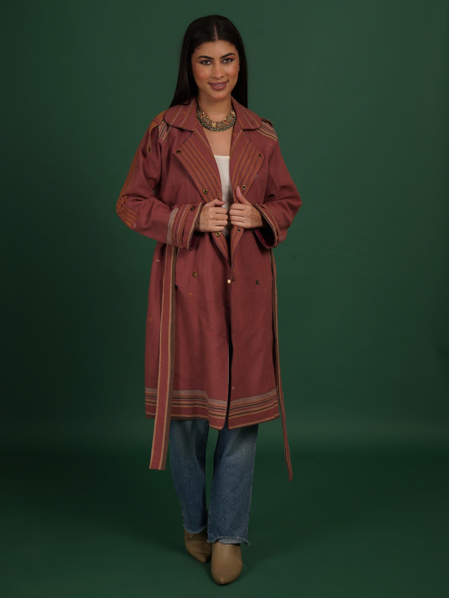Rust Brown And Purple Bhujodi Ikat Cotton Trench Jacket