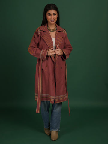 Rust Brown And Purple Bhujodi Ikat Cotton Trench Jacket