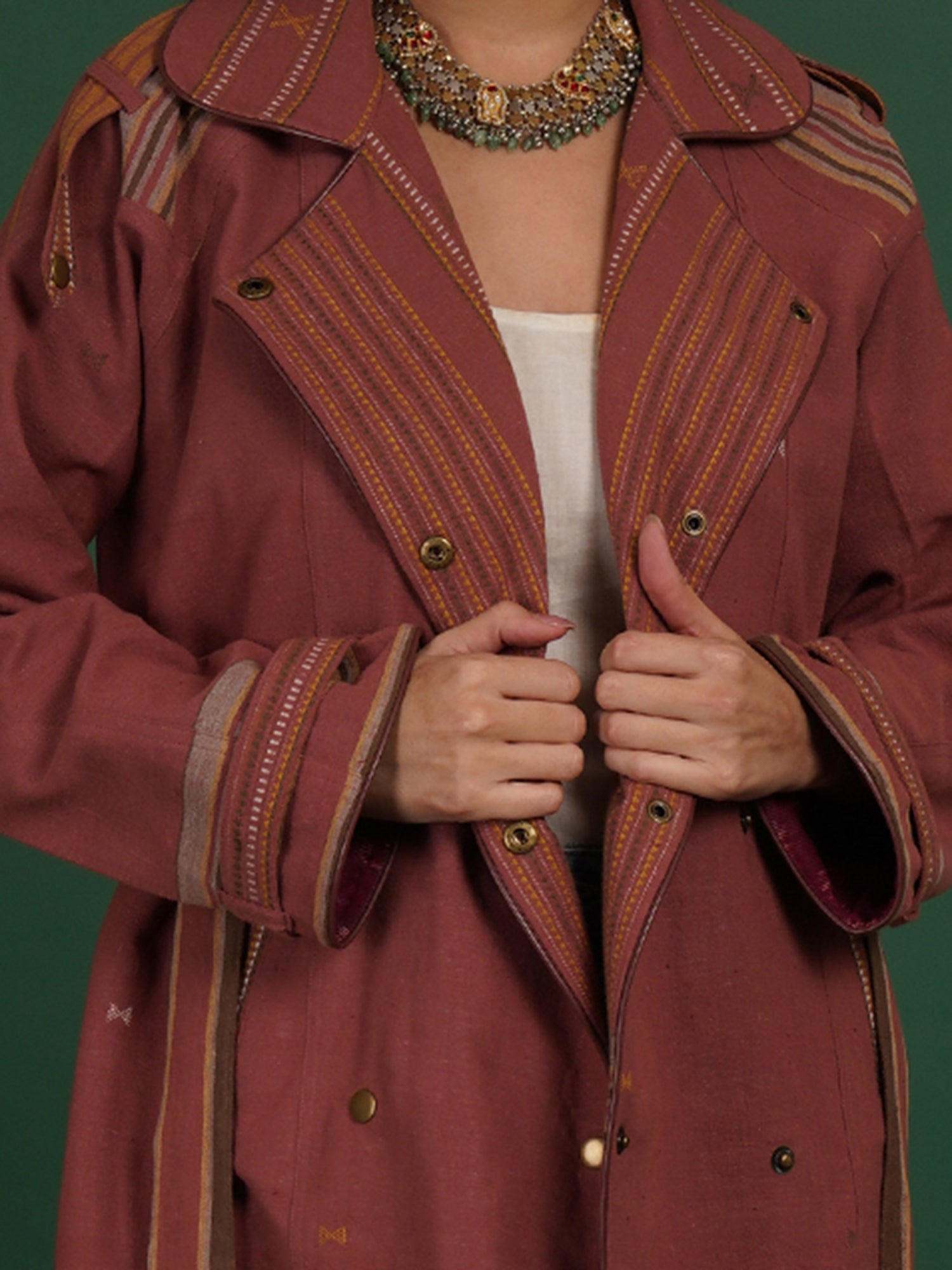 Rust Brown And Purple Bhujodi Ikat Cotton Trench Jacket