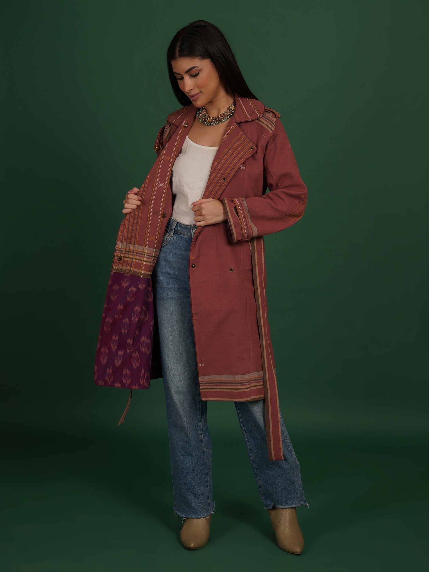Rust Brown And Purple Bhujodi Ikat Cotton Trench Jacket